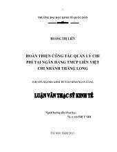 Tóm tắt Luận văn Hoàn thiện công tác quản lý chi phí tại ngân hàng TMCP liên việt chi nhánh Thăng Long