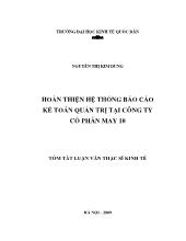 Tóm tắt Luận văn Hoàn thiện hệ thống Báo cáo kế toán quản trị tại Công ty cổ phần may 10