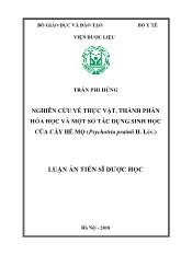 Luận án Nghiên cứu về thực vật, thành phần hóa học và một số tác dụng sinh học của cây hế mọ (psychotria prainii h. lév.)